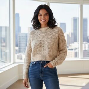 Aritzia Wilfred Cropped Chunky Knit Sweater Light Beige Cream Size XXS